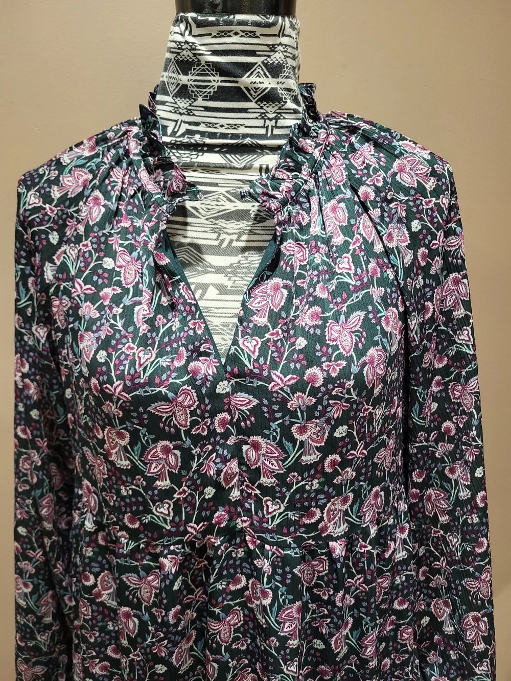 Floral Print Long Sleeve Tiered Mini Dress - Pink on Black - Picture 7 of 9